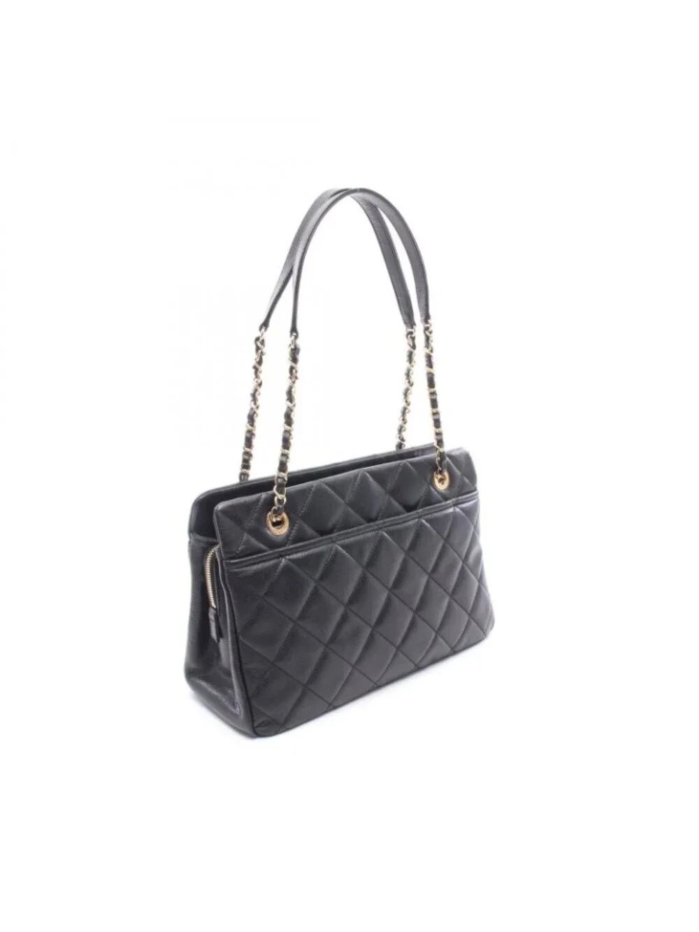 Chanel Tote Quilted Black Caviar Leather CC Logo Chain